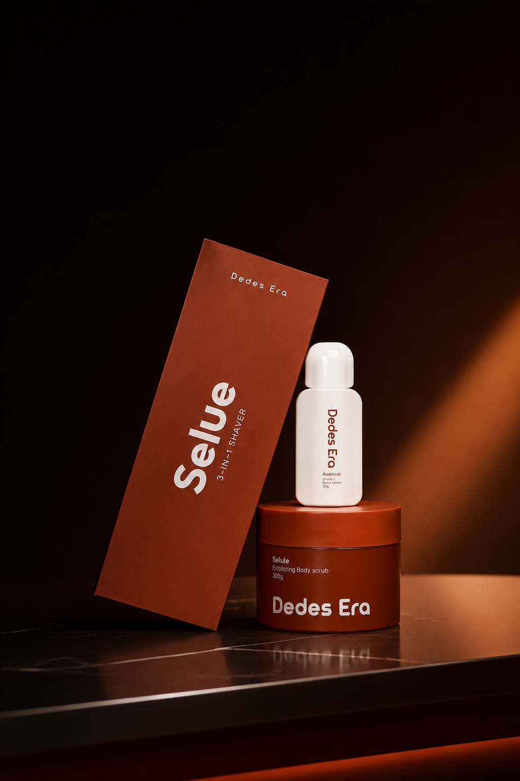 The Full Reset — Selue shaver, Rhyle scrub and Avenael lotion together